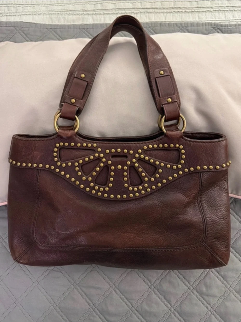 Michael Kors Dark Brown Leather Shoulder Bag with Gold Stud Accents